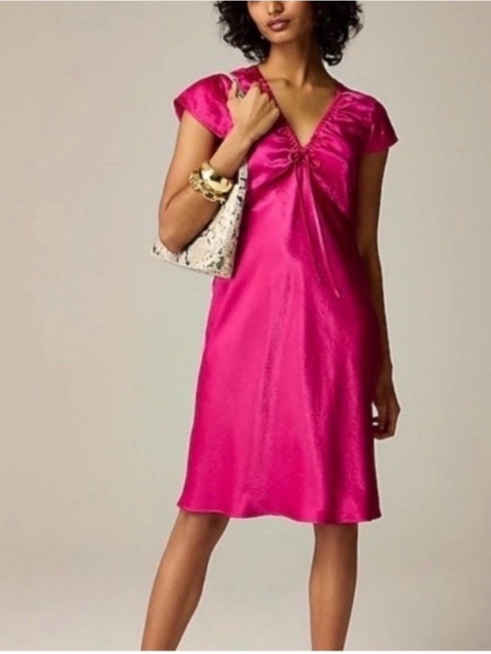 NWT J.Crew Hot Pink Satin V-Neck Cap Sleeve Dress
